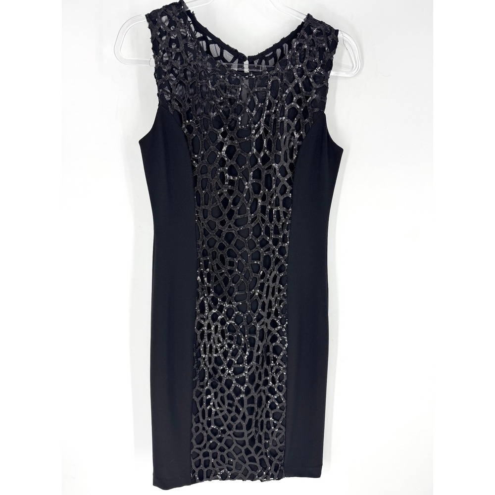 Joseph Ribkoff Black Sequin Mesh Overlay Sheath Dress Womens 10 Sleeveless